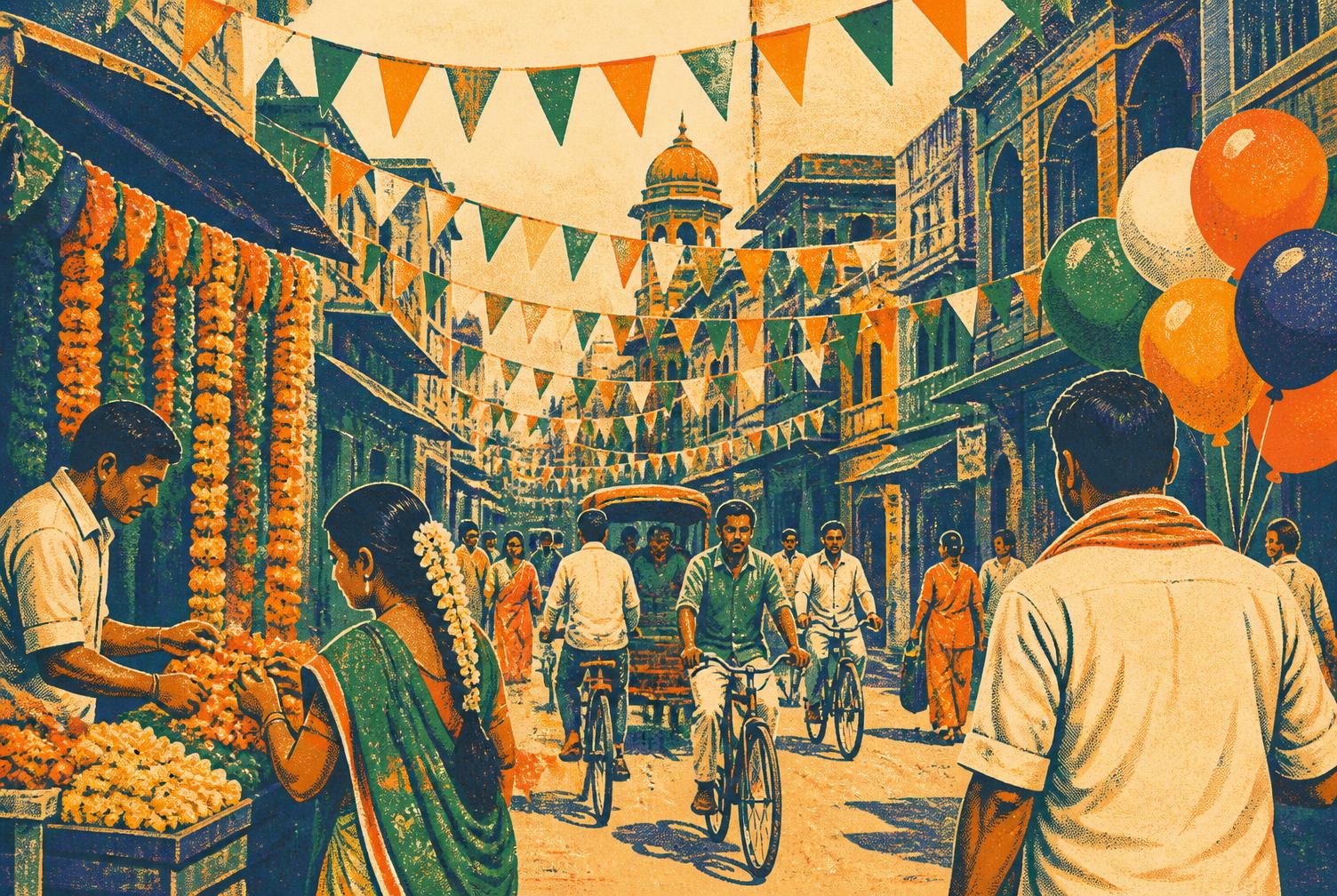 Street decorated with tricolour bunting
