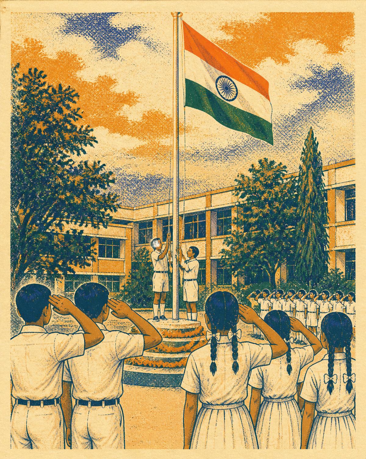 Schoolchildren saluting the flag at morning assembly